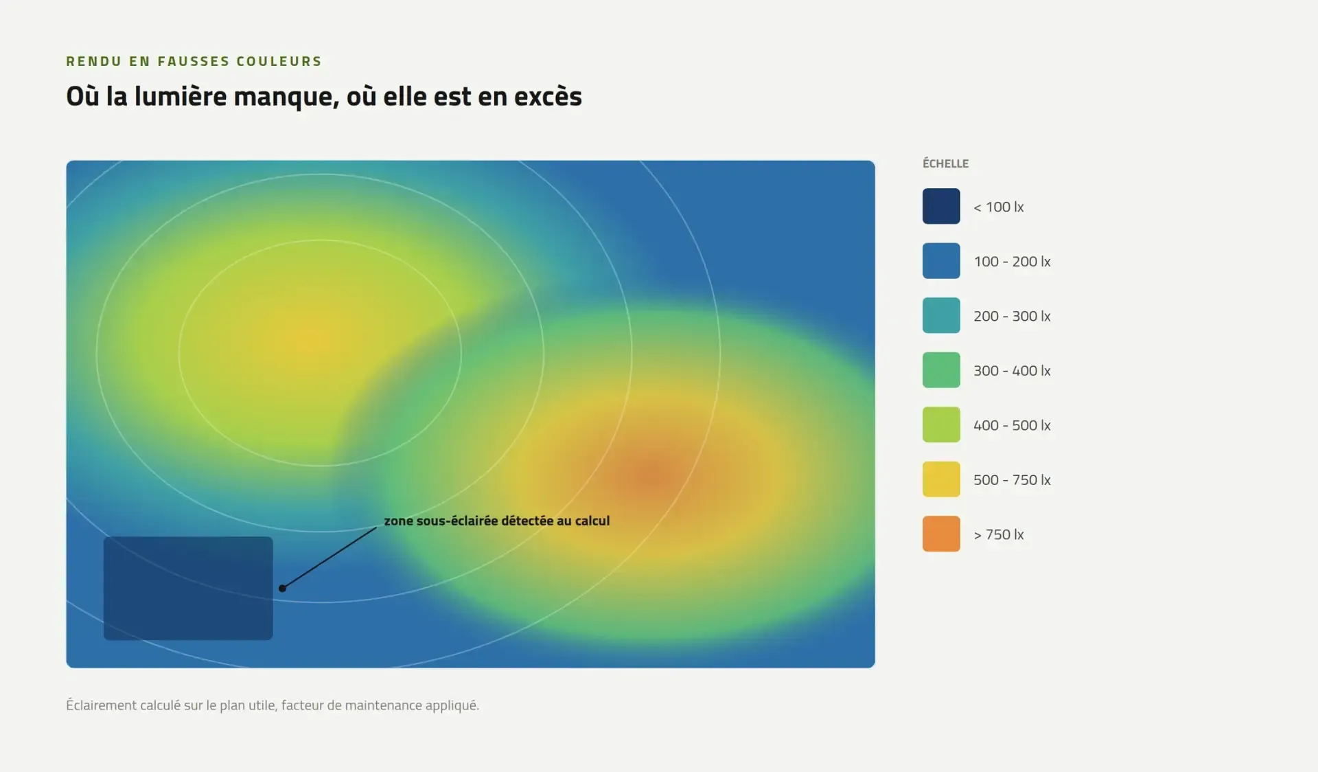 Rendu en fausses couleurs d'une étude photométrique : cartographie des niveaux d'éclairement